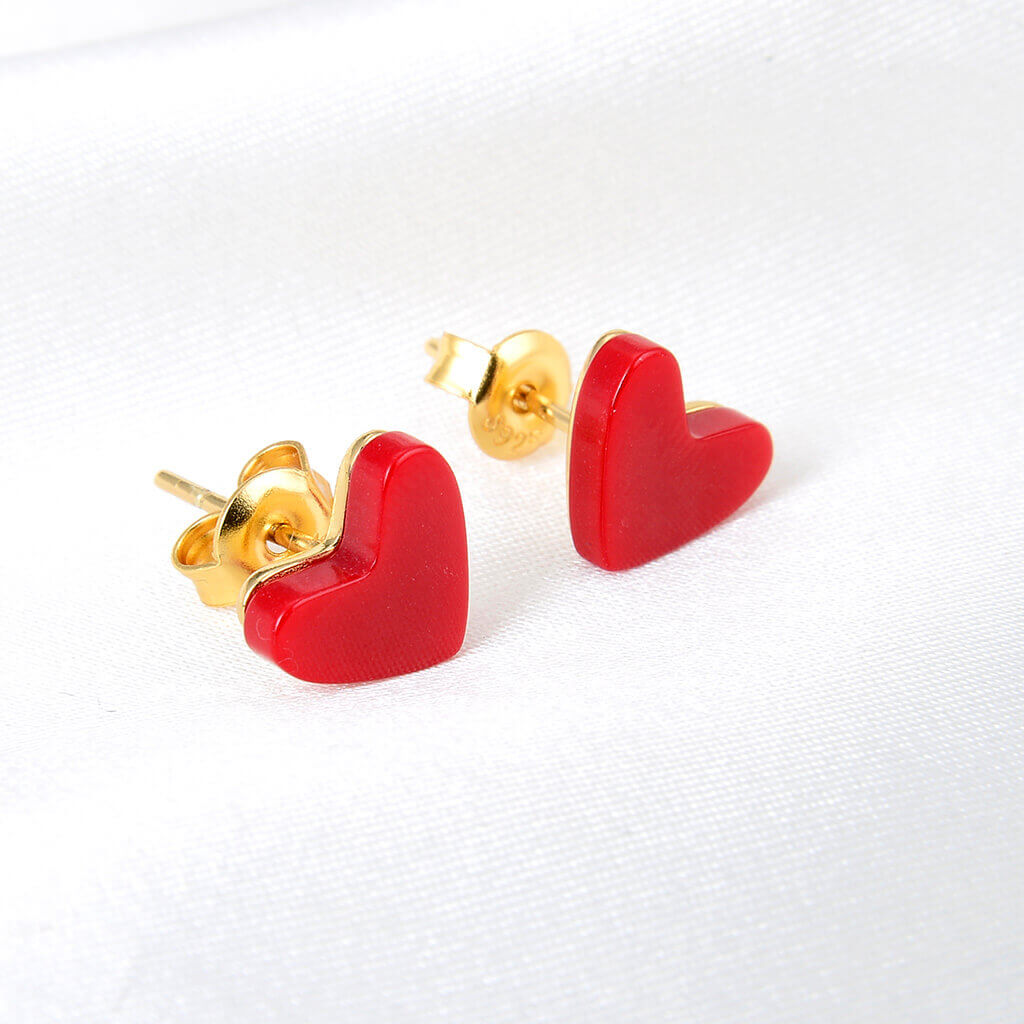 Lamorvita_LabCreatedRedCoral_Heart_SilverStudEarring_LeftScene